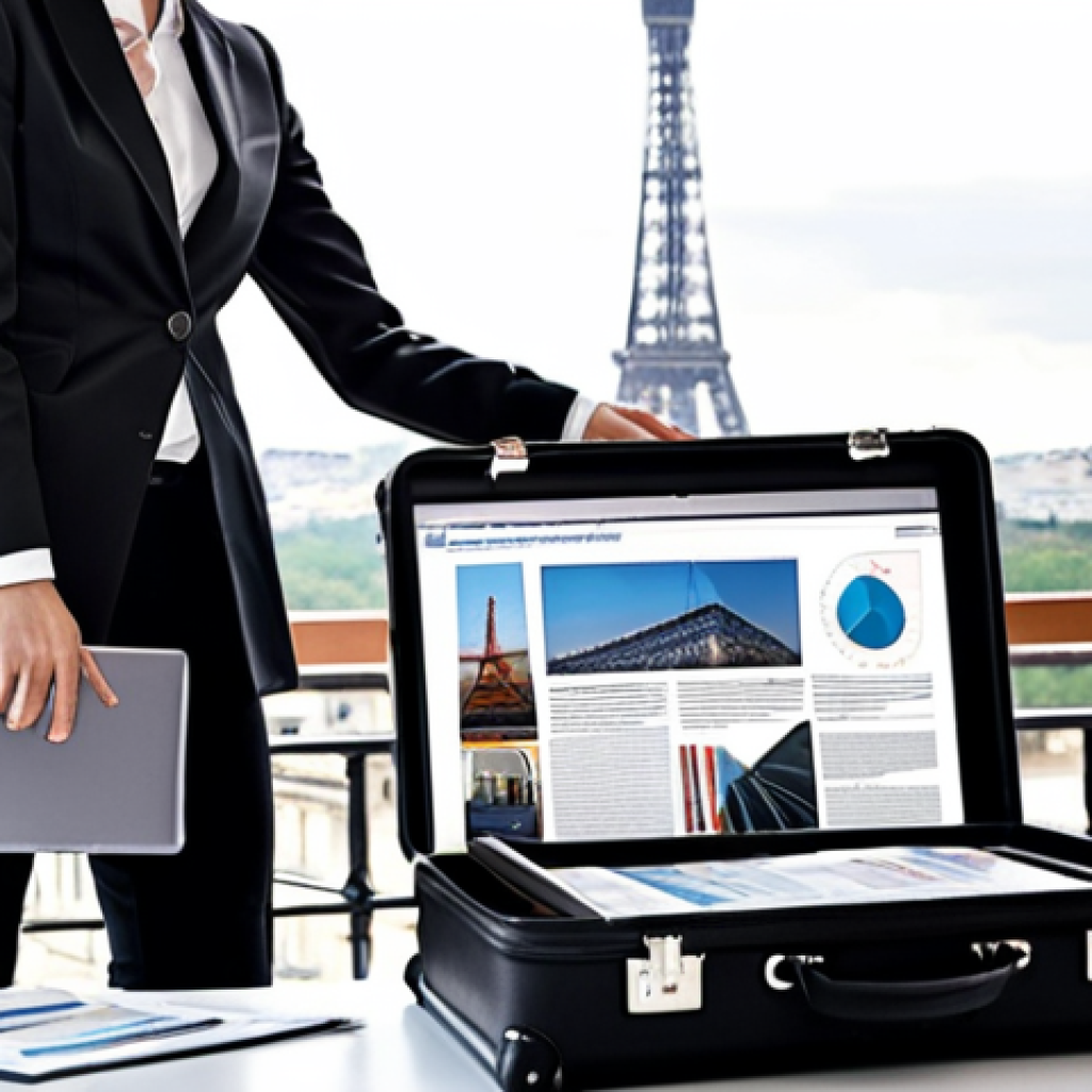 **

A person confidently packing a stylish suitcase with business documents, a tablet displaying project management software, and a French business newspaper. The background features a blurred Eiffel Tower and a modern office interior. The overall feel is aspirational and represents preparation for a career journey.
*Prompt:* Confident business professional packing for a career advancement journey. Eiffel Tower background.

**
