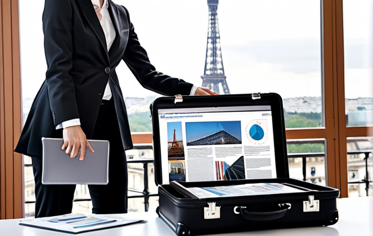 **
A person confidently packing a stylish suitcase with business documents, a tablet displaying project management software, and a French business newspaper. The background features a blurred Eiffel Tower and a modern office interior. The overall feel is aspirational and represents preparation for a career journey.
*Prompt:* Confident business professional packing for a career advancement journey. Eiffel Tower background.
**