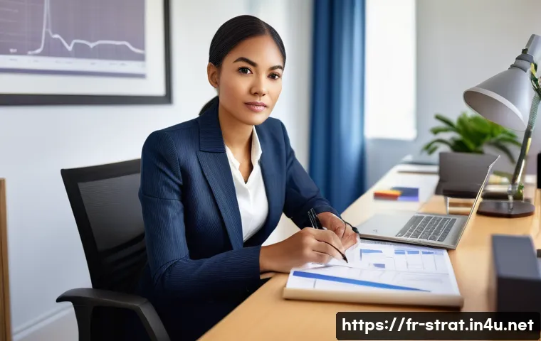전략경영 자격증 공부법 - **Prompt:** A focused and determined female professional, of diverse ethnicity, is seated at a sleek...