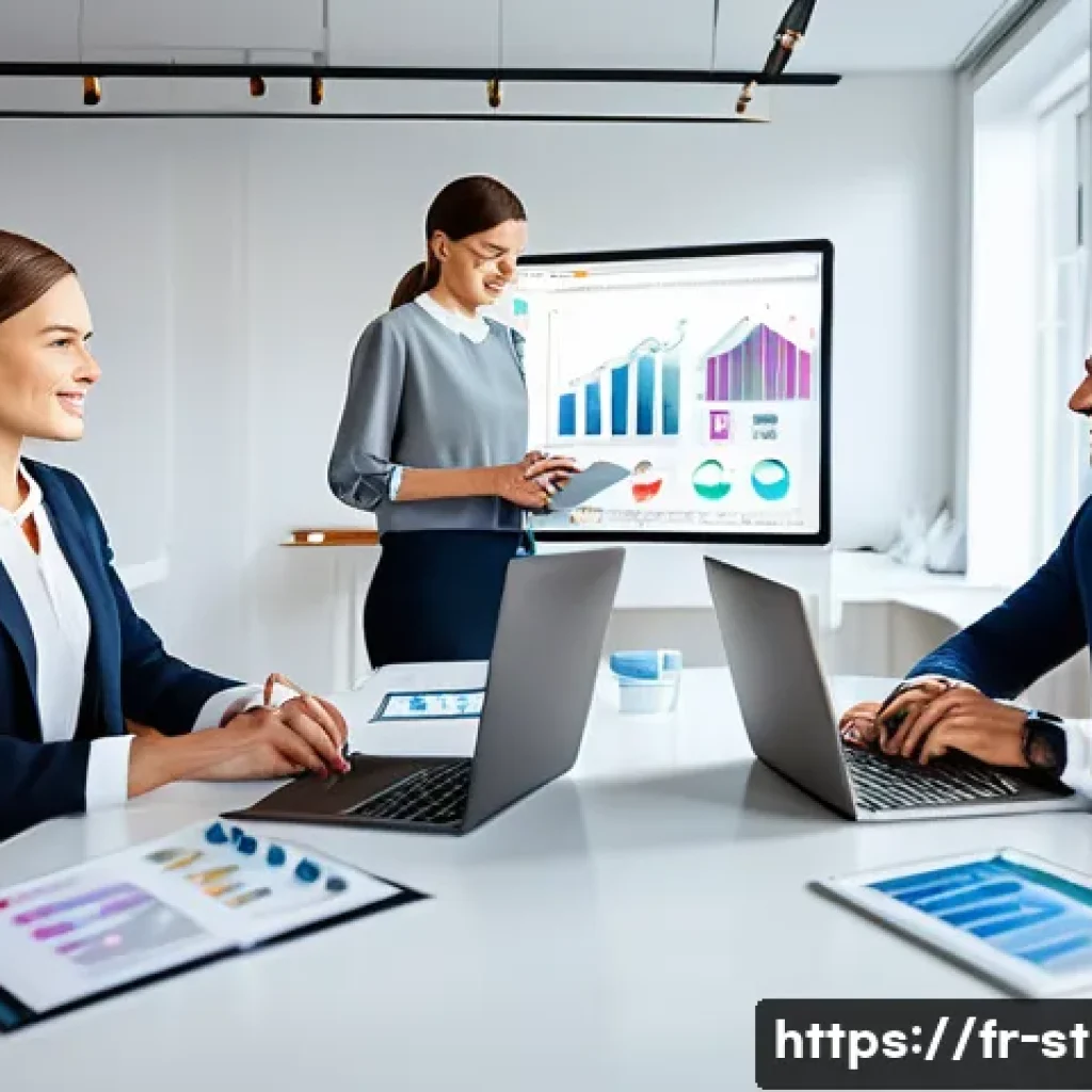 전략경영에서 KPI 설정하기 - A modern French small business office setting, with a diverse team of professionals collaborating ar...