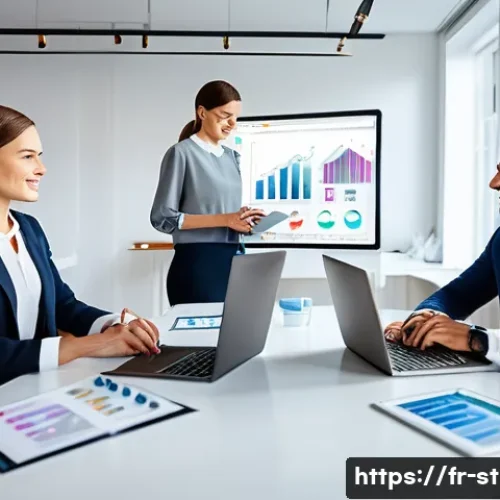 전략경영에서 KPI 설정하기 - A modern French small business office setting, with a diverse team of professionals collaborating ar...