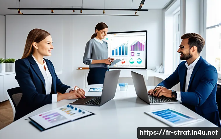 전략경영에서 KPI 설정하기 - A modern French small business office setting, with a diverse team of professionals collaborating ar...