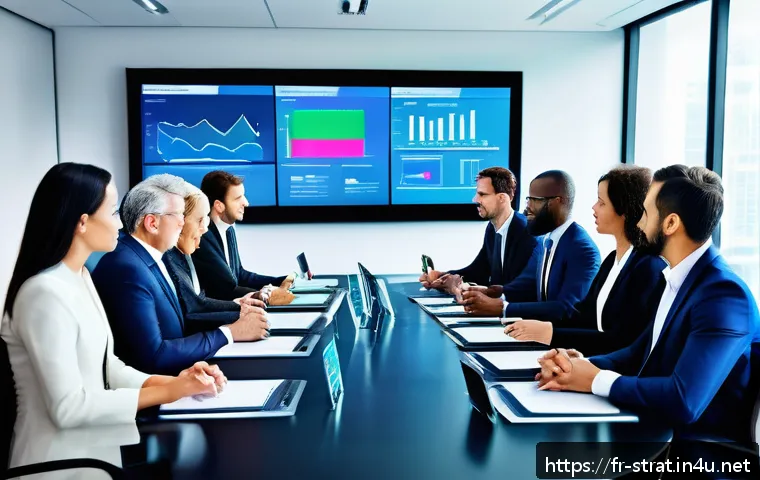 전략경영 직무 필수 도서 - A modern corporate boardroom scene depicting a diverse group of professional adults engaged in a str...