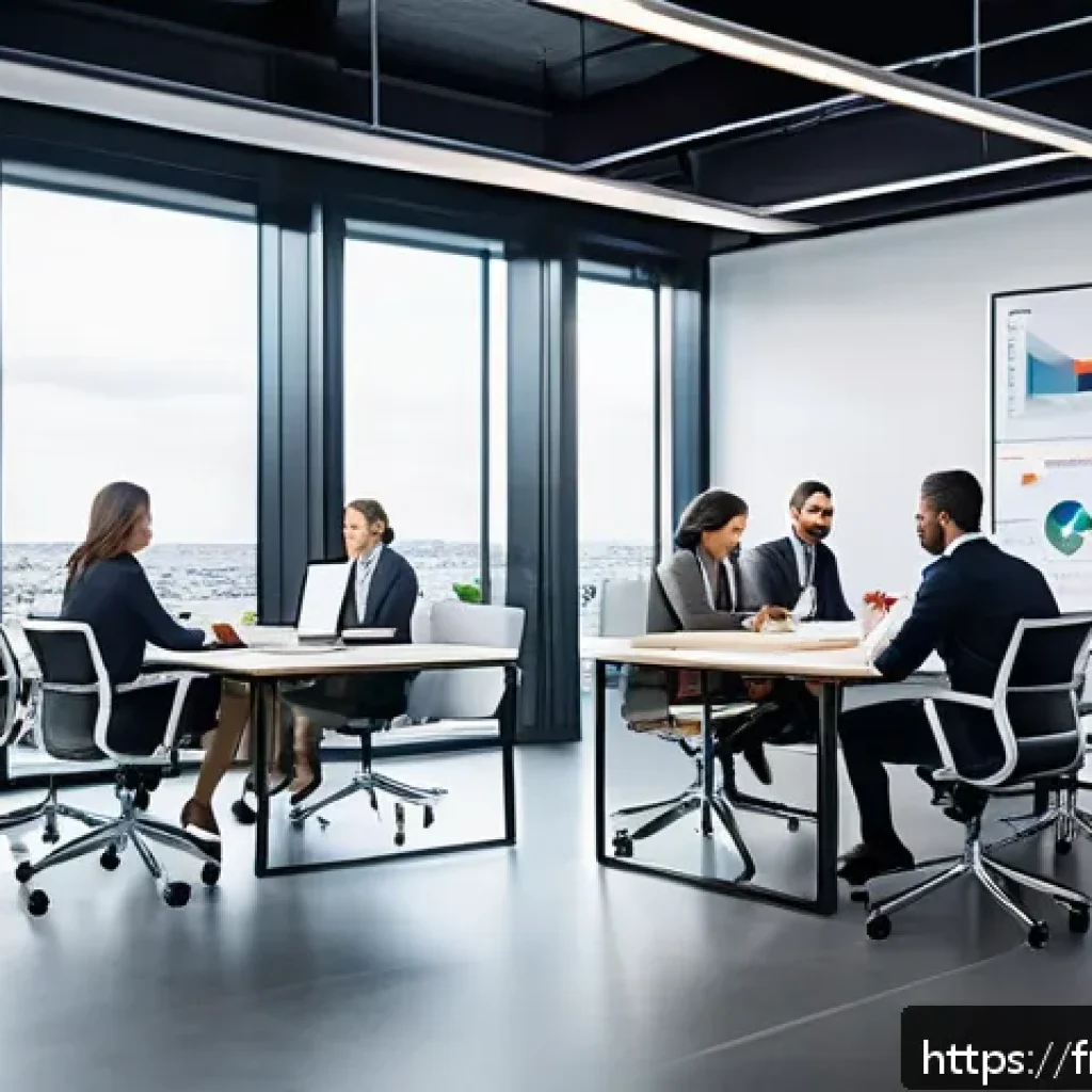 전략경영 주요 이론 분석 - A modern French corporate office setting with diverse professionals engaged in a collaborative strat...