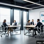 전략경영 주요 이론 분석 - A modern French corporate office setting with diverse professionals engaged in a collaborative strat...
