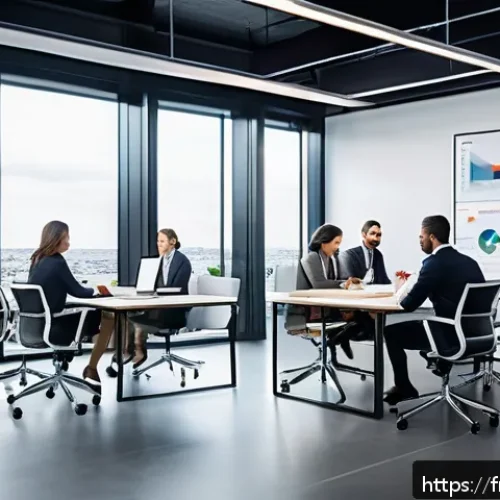 전략경영 주요 이론 분석 - A modern French corporate office setting with diverse professionals engaged in a collaborative strat...