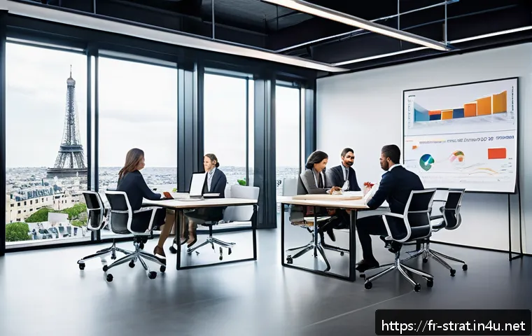 전략경영 주요 이론 분석 - A modern French corporate office setting with diverse professionals engaged in a collaborative strat...