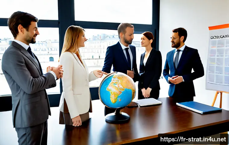 전략경영 자격증 해외 활용성 - Photorealistic international business strategy meeting in a bright Paris office, confident French pr...