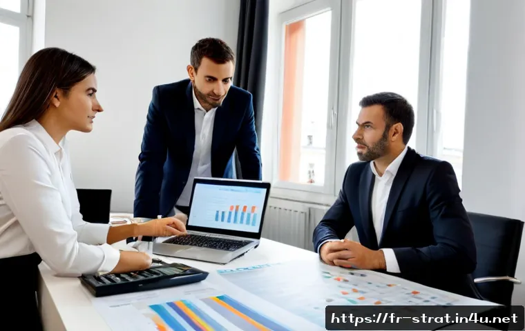 Home 17 전략경영 연봉 테이블 분석 - Photorealistic strategic management salary analysis scene in a modern Paris office, diverse French e...